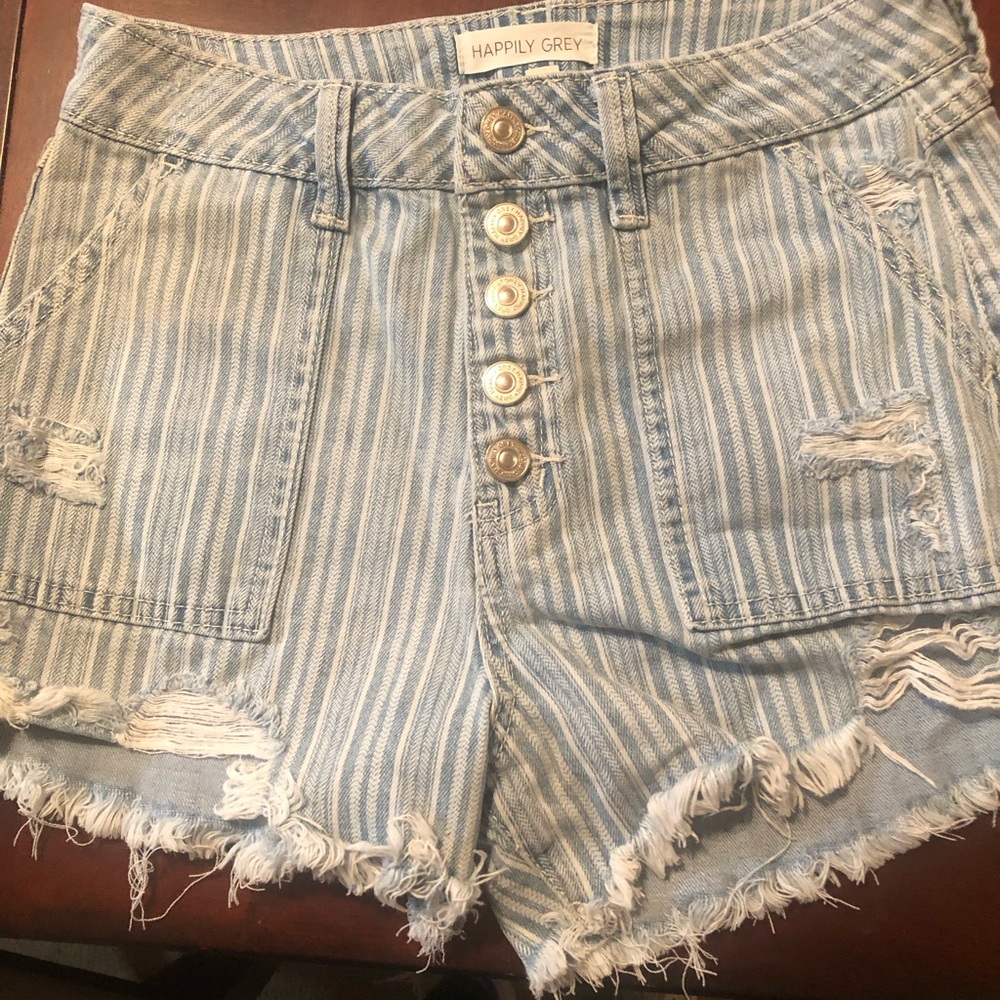 Blue Jean Shorts with Frayed Hem and Distressed Details